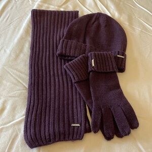 Calvin Klein Women’s Purple Knit Scarf, Hat & Gloves Set NEW